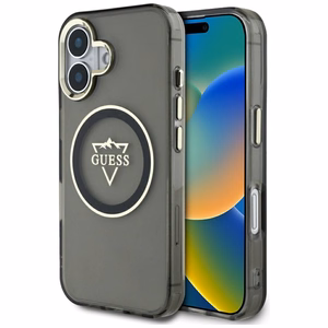 Guess IML Metal Mountain Logo Magnetinis dėklas iPhone 16 - juodas