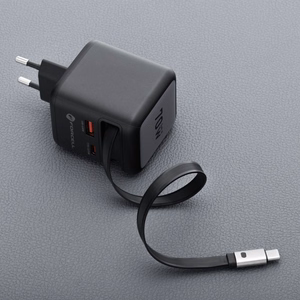 FORCELL F-ENERGY GaN III VT-R7 kelioninis įkroviklis su ištraukiamu kabeliu Type C ir 1x Type C, 1x USB A įkrovimo prievadais PD QC4.0 3A 70W pilkas