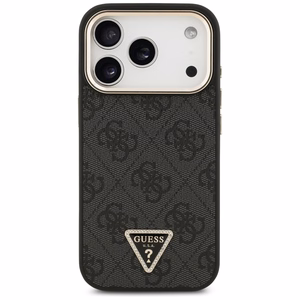 Guess PU Leather 4G Strass Triangle Logo Gold Frame MagSafe dėklas Apple iPhone 18 Pro, juodas