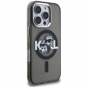 Karl Lagerfeld IML Glitter Karl & Choupette Sketch Logo MagSafe dėklas iPhone 16 Pro Max - juodas