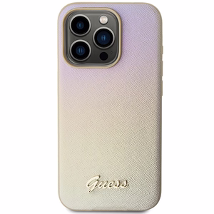 Guess Saffiano Iridescent Script dėklas telefonui iPhone 14 Pro Max - auksinis