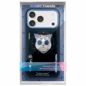 Nimmy Glasses Cool Cat magnetinis dėklas telefonui iPhone 17 Pro - juodas ir mėlynas