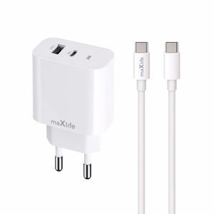 "Maxlife MXTC-06-30AC PD QC įkroviklis 1x USB-C 1x USB 30W baltas + USB-C - USB-C kabelis 60W