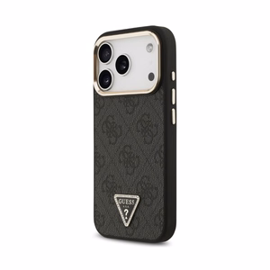 Dėklas Guess PU Leather 4G Strass Triangle Logo Gold Frame MagSafe Apple iPhone 18 Pro Max juodas