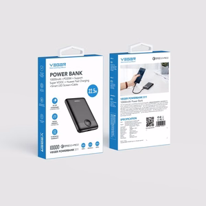 VEGER išorinė baterija 10000 mAh PD QC3.0 2A 22,5W S11 (W1140) juoda