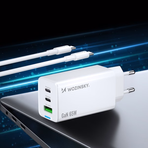 Wozinsky GaN 65W įkroviklis su USB-A ir 2xUSB-C jungtimis bei 65W USB-C kabeliu - baltas