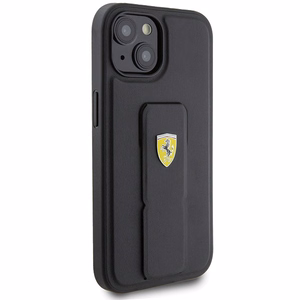 Ferrari Grip Stand Metal Logo dėklas iPhone 15 – juodas