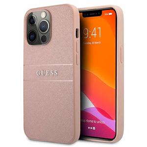 Guess GUHCP13XPSASBPI iPhone 13 Pro Max 6.7 rožinis kietasis dėklas Saffiano Stripe