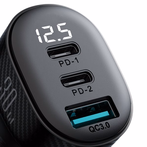 Joyroom JR-CCD04 30W 2x USB-C USB-A automobilinis įkroviklis su ekranu - juodas