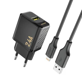Dudao A23LEU 2.4A GaN EU USB-A Wall Įkroviklis with USB-A to Lightning Laidas - Juodas