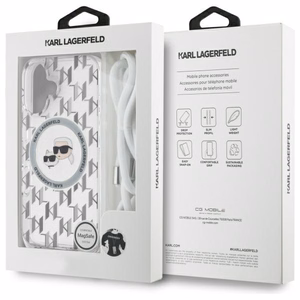 Karl Lagerfeld IML per petį monograminis Karl ir Choupette galvos MagSafe iPhone 16 dėklas - skaidrus