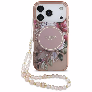 Dėklas Guess IML Flowers Strap MagSafe Apple iPhone 17 Pro rožinis