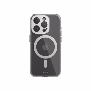 Moshi iGlaze MagSafe dėklas, skirtas iPhone 15 Pro, skaidrus su „Luna Silver“ spalvos detalėmis