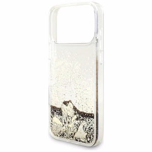 auksinis Guess Liquid Glitter 4G Charms dėklas iPhone 18 Pro Max / 17 Pro Max