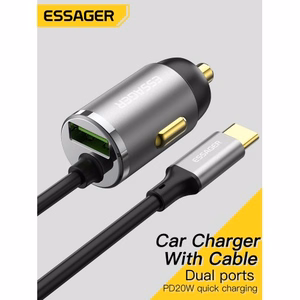 Automobilinis įkroviklis Essager Bee pilkas 20W (1xUSB) + integruotas Type-C laidas