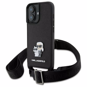 Karl Lagerfeld Saffiano Karl&Choupette Metal Pin CBDY dirželis iPhone 16 dėklas – juodas