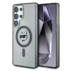 Karl Lagerfeld mygtukinis Choupette Head atspausdintas logotipas Magnētinis Samsung Galaxy S25 Ultra dėklas juodas