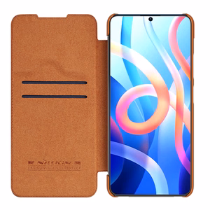 Nillkin Qin dėklas Xiaomi Redmi Note 11T 5G / Note 11S 5G / Note 11 5G (Kinija) / Poco M4 Pro 5G kameros dangtelis dėklas atverčiamas dėklas rudas