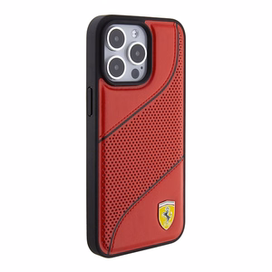Ferrari Perforuotos bangos metalinis logotipas dėklas telefonui iPhone 15 Pro - raudonas