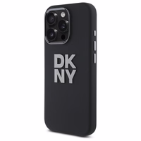 DKNY skystos silikoninės medžiagos dėklas telefonui su metaliniu logotipu iPhone 16 Pro Max - juodas