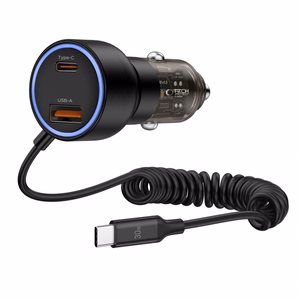 CC05 Automobilinis įkroviklis su 2 prievadais PD60 W + USB-C kabelis - juodas