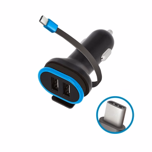 "Forever CC-02" automobilinis įkroviklis 2x USB 3A juodas su USB-C kabeliu 0,2 m