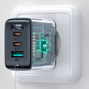 Acefast 2in1 sieninis įkroviklis 2x USB-C / USB-A 65W, PD, QC 3.0, AFC, FCP (rinkinys su USB-C 1.2m kabeliu), juodas (A13 black)
