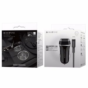 Borofone BZ2 Joyroad automobilinis įkroviklis su 2 USB-A jungtimis, 12 W, su Lightning laidu, juodas