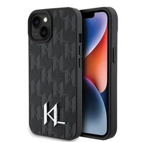 Karl Lagerfeld KLHCP15SPKLPKLK iPhone 15 / 14 / 13 6.1" juodas/juodas kietas dėklas Odinė monograma karštas štampas metalinė logotipas