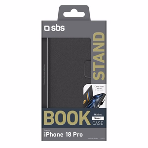 SBS Wallet Smart dėklas, skirtas iPhone 18 Pro, su pinigine ir stovu – juodas