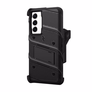 ZIZO BOLT Series šarvuoto dėklo rinkinys, skirtas Samsung Galaxy S23+, su 9H ekrano stiklu, integruota atrama ir prie diržo segamu laikikliu, juodas