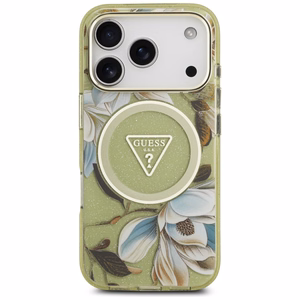 GUESS dėklas telefonui IPHONE 17 Pro Max, suderinamas su MagSafe GUHMP17XHFLPEDN (IML metalizuotos blizgios gėlės trikampis) žalias