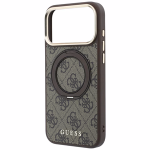 Guess 4G Classic Logo dėklas, skirtas iPhone 18 Pro Max / 17 Pro Max, su 360° žiedu-stovu, suderinamas su MagSafe – rudas