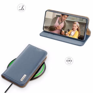 Dux Ducis Hivo odinis atverčiamas dėklas natūralios odos piniginė kortelėms ir dokumentams Samsung Galaxy S22 + (S22 Plus) mėlynas