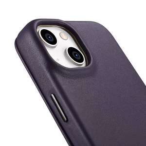 iCarer CE Premium odinis folio dėklas iPhone 14 Plus magnetinis atverčiamas odinis folio dėklas MagSafe tamsiai violetinė