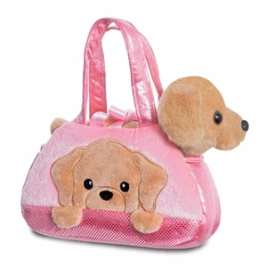 Fancy Pals PeekaBoo ekologiškas pliušinis Labradoro žaislas rožiniame krepšelyje, 20 cm