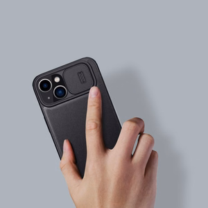 Nillkin Qin odinis dėklas iPhone 14 Plus su kameros dangteliu ir dėklu juodas
