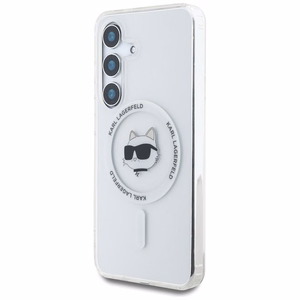 Dėklas Karl Lagerfeld Mygtukas Choupette Galva Spausdintas Logotipas Magnetinis Samsung Galaxy S25 balta