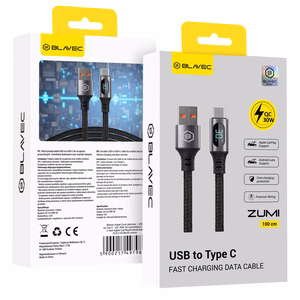 Blavec Zumi pintas laidas USB - Type C QC 30W 3A su LCD ekranu 1m Apple CarPlay/Android Auto juodas