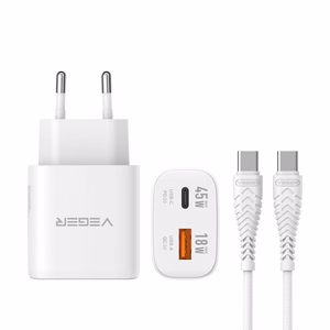 Telefono įkroviklis VEGER USB A + Type C PD Super Charge PPS 45W + duomenų kabelis Type C į C 100W TR101 baltas