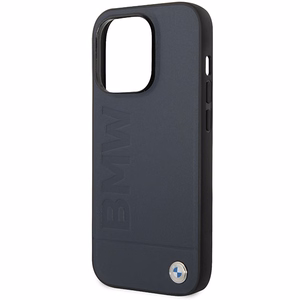 Dėklas telefonui BMW BMHMP14XSLLNA iPhone 14 Pro Max 6.7 - mėlynas odinis karšto štampavimo MagSafe