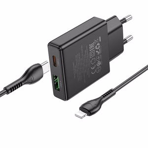 Įkroviklis telefonui Hoco Slim USB A + USB C QC3.0 PD 3A 20W + kabelis USB C į Lightning N38 juodas