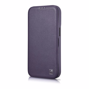 iCarer CE Premium odinis folio dėklas iPhone 14 Plus magnetinis atverčiamas odinis folio dėklas MagSafe tamsiai violetinė