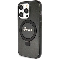 Guess dėklas telefonui su stovu Ring Stand Script Glitter magnetinis iPhone 15 Pro Max - juodas