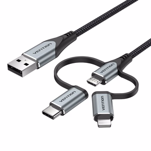 Vention USB 2.0 A Male to 3-in-1 Micro-B & USB-C & Lightning Male laidas 1 m, pilkos spalvos aliuminio lydinio tipo