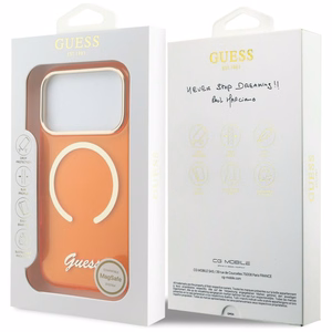Guess IML Script Metal MagSafe Dėklas for iPhone 17 Pro - oranžinis