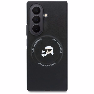Juodas „Karl Lagerfeld Karl & Choupette Pins MagSafe“ dėklas, skirtas „Samsung Galaxy Z Fold8 Ultra“