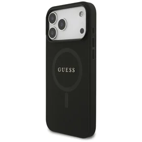 Guess Saffiano klasikinis MagSafe dėklas telefonui iPhone 17 Pro Max su logotipu - juodas