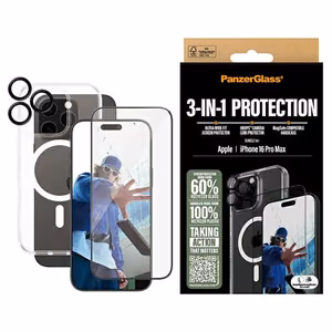 PanzerGlass rinkinys 3in1 iPhone 16 Pro Max 6.9" D3O kietasis dėklas + Apsauginis stiklas UWF + lęšis B1294+2864+1284