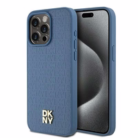 DKNY Odinis monogramos rašto metalinis logotipas Magnetinis dėklas telefonui iPhone 15 Pro Max - mėlynas